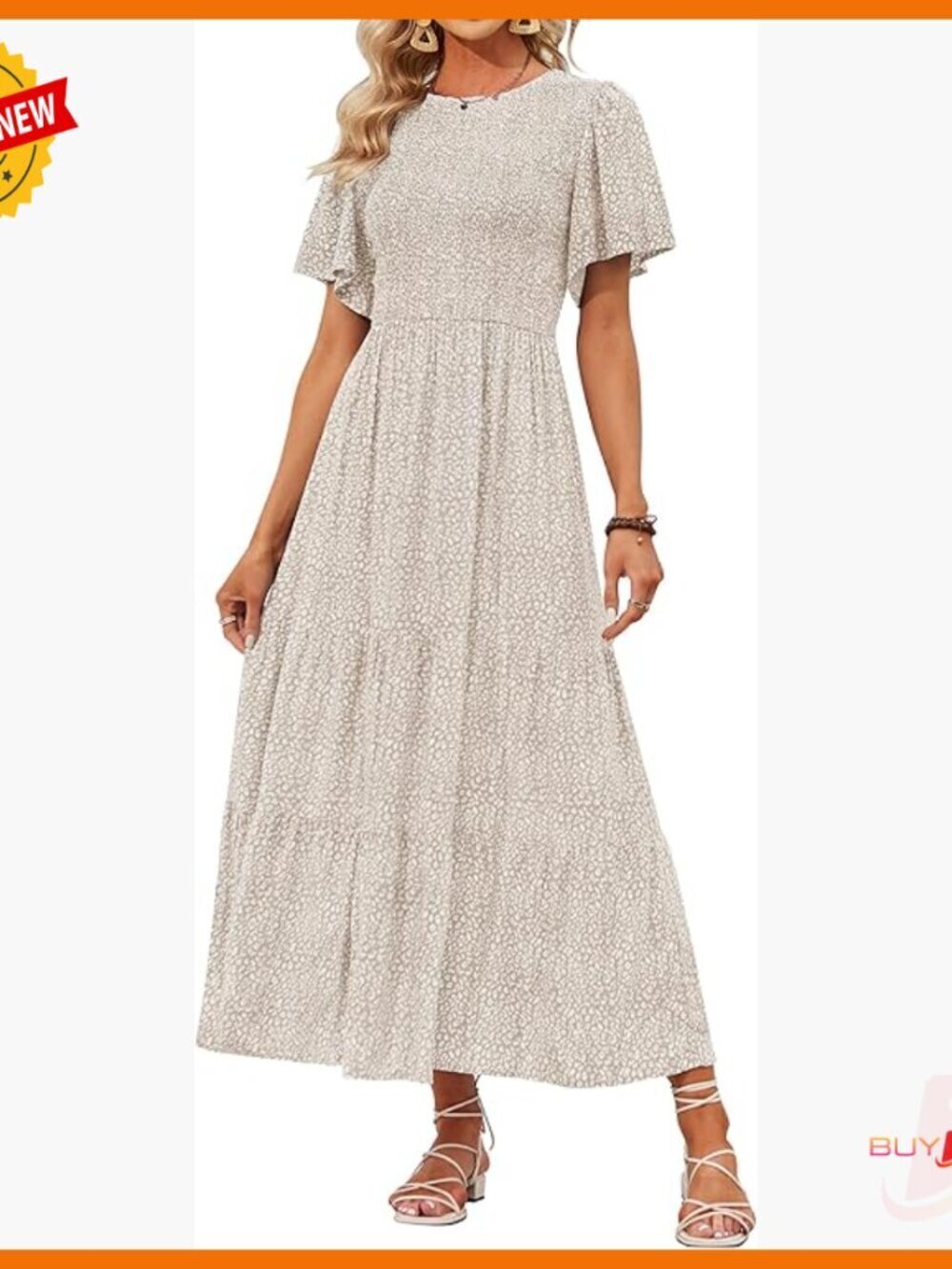 Boho Floral Maxi Dress Smocked Bust Flutter Sleeve Tiered Summer Casual